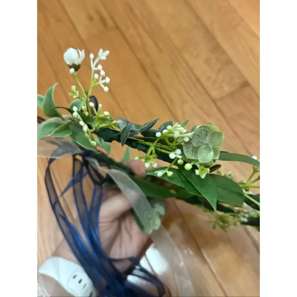 Girls Handmade Faux Flower Crown with Navy and White Bow Ribbon